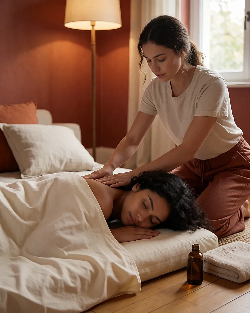 Two young women practising Californian oil massage at home on a mat
