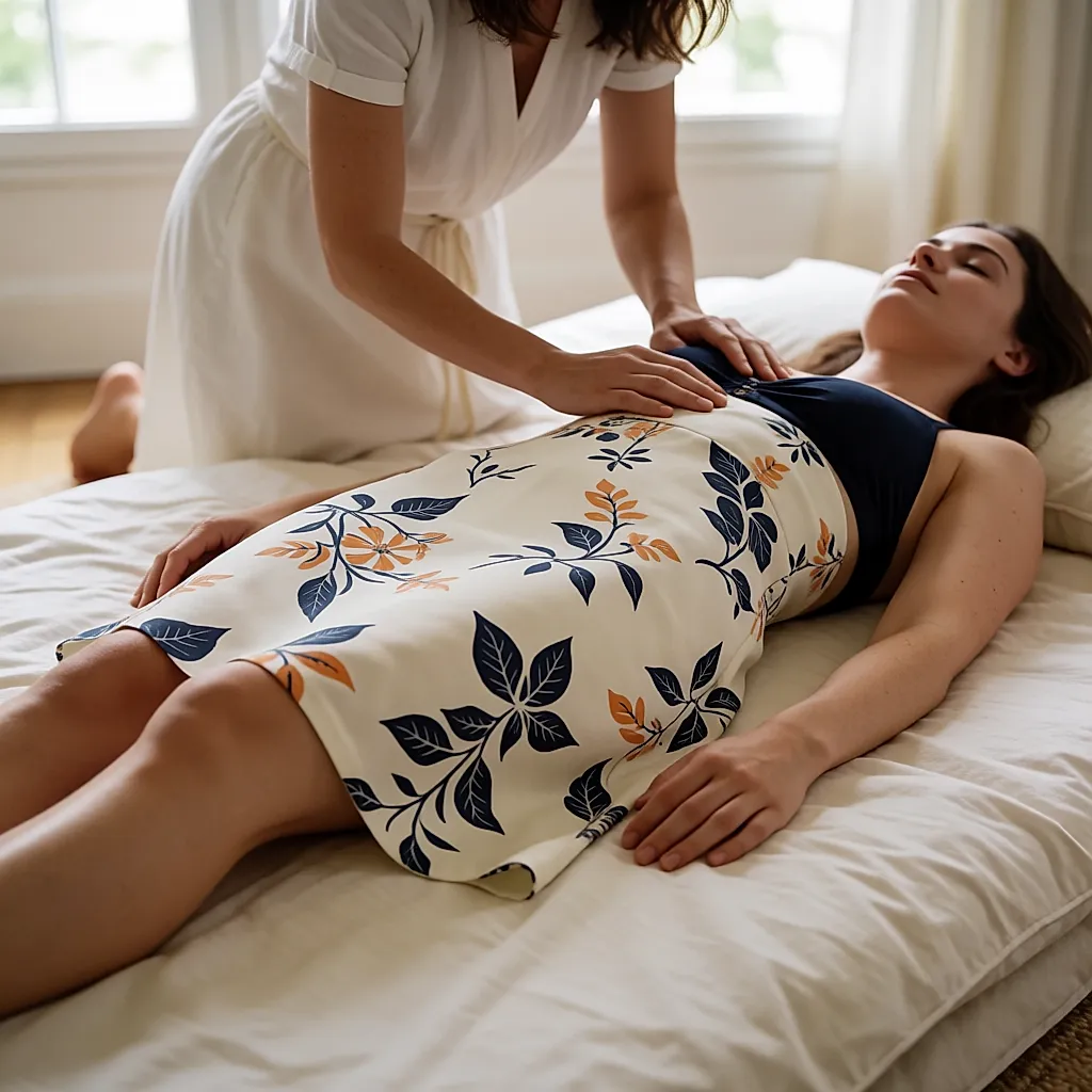Practitioner applying thumb pressure to the shoulder blade of a clothed woman lying on a futon