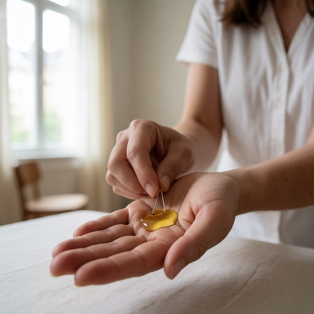 Warm oil poured into the palm of a practitioner before an Ayurvedic massage