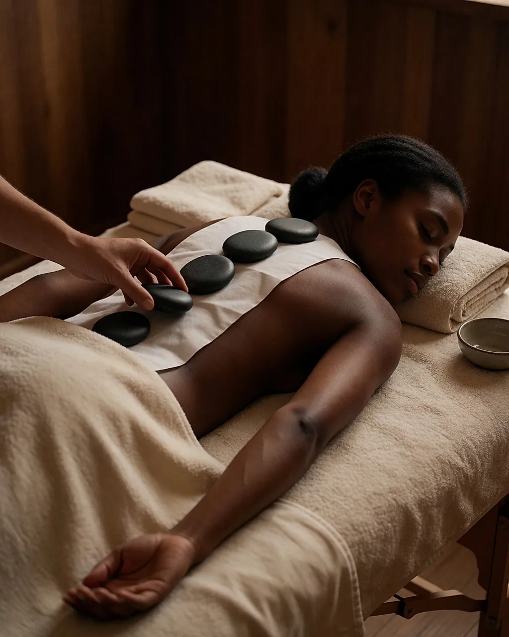 Basalt stones lined up along the spine of a woman lying on a massage table