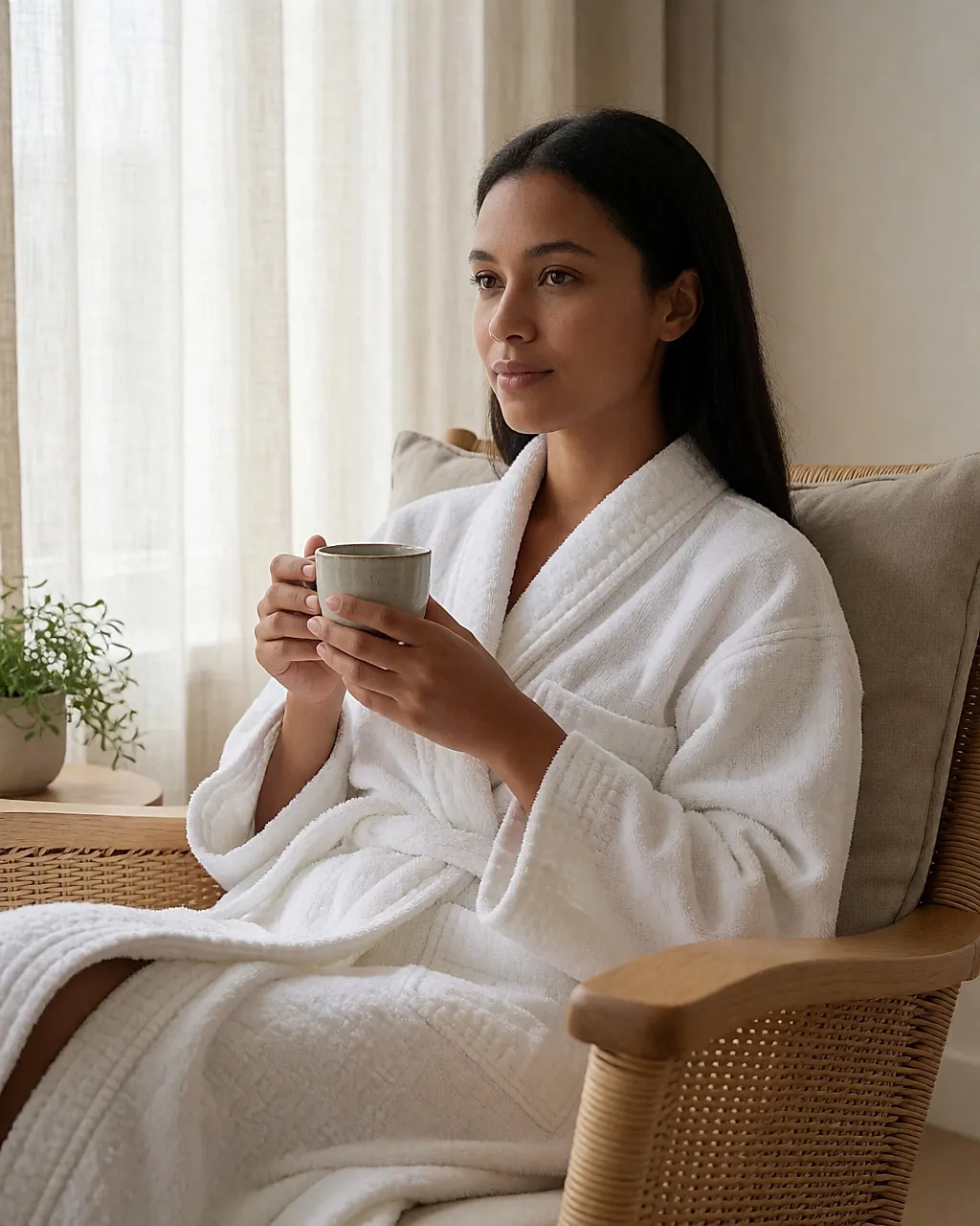 Woman in a bathrobe relaxing in a spa lounge after a massage