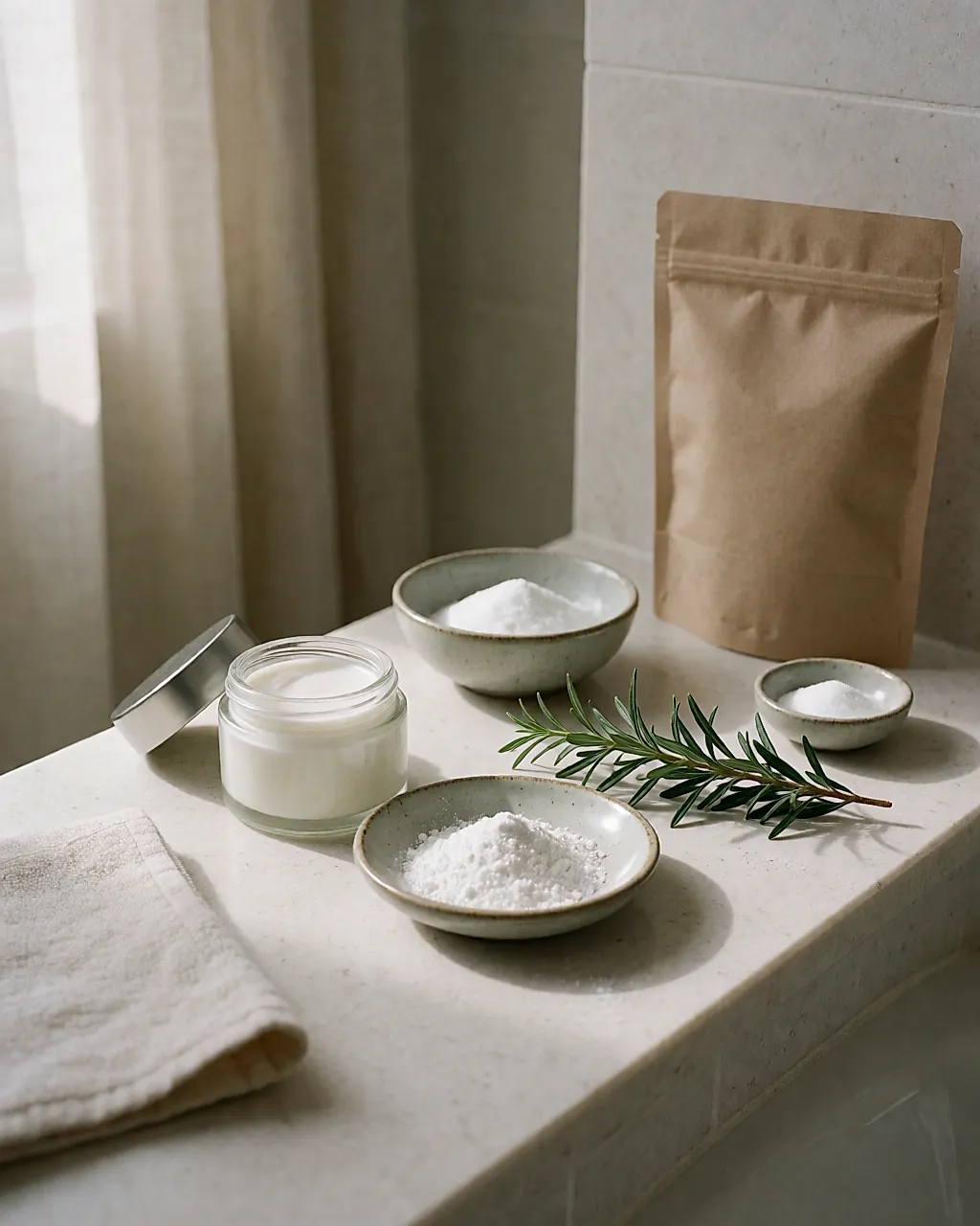 Um desodorizante natural em pote, com argila, bicarbonato e um raminho de tea tree