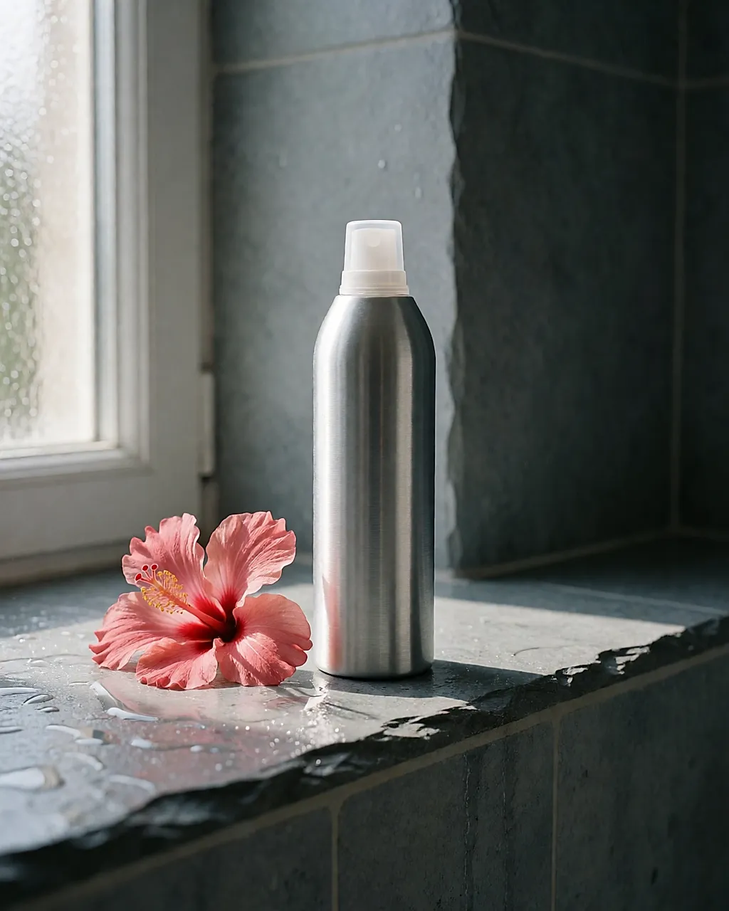 Um desodorizante spray de alumínio junto a uma flor de hibisco