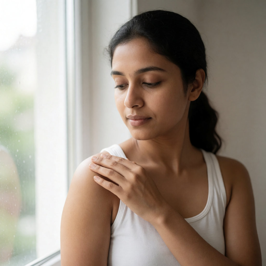 Jeune femme sud-asiatique examinant doucement un grain de beauté sur son épaule