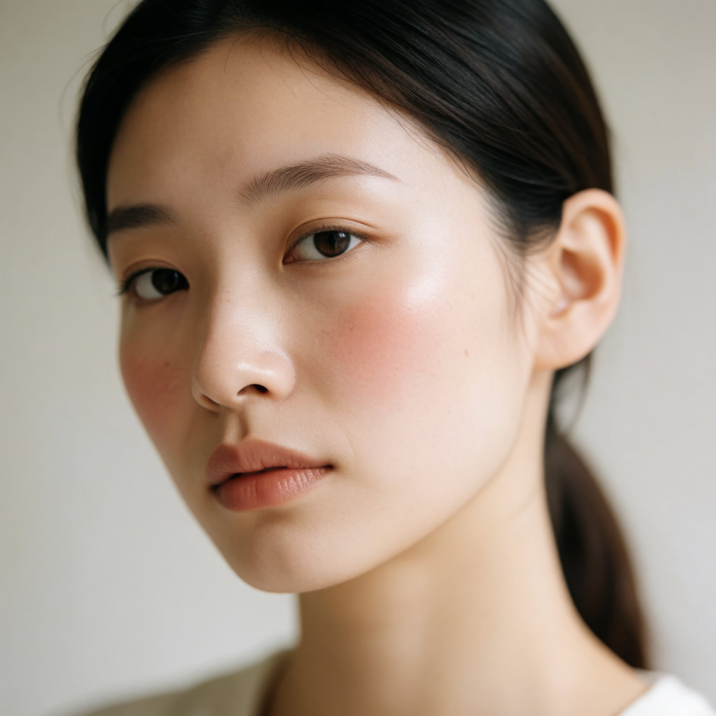 Jeune femme asiatique au teint sensible, légères rougeurs sur les joues, lumière douce