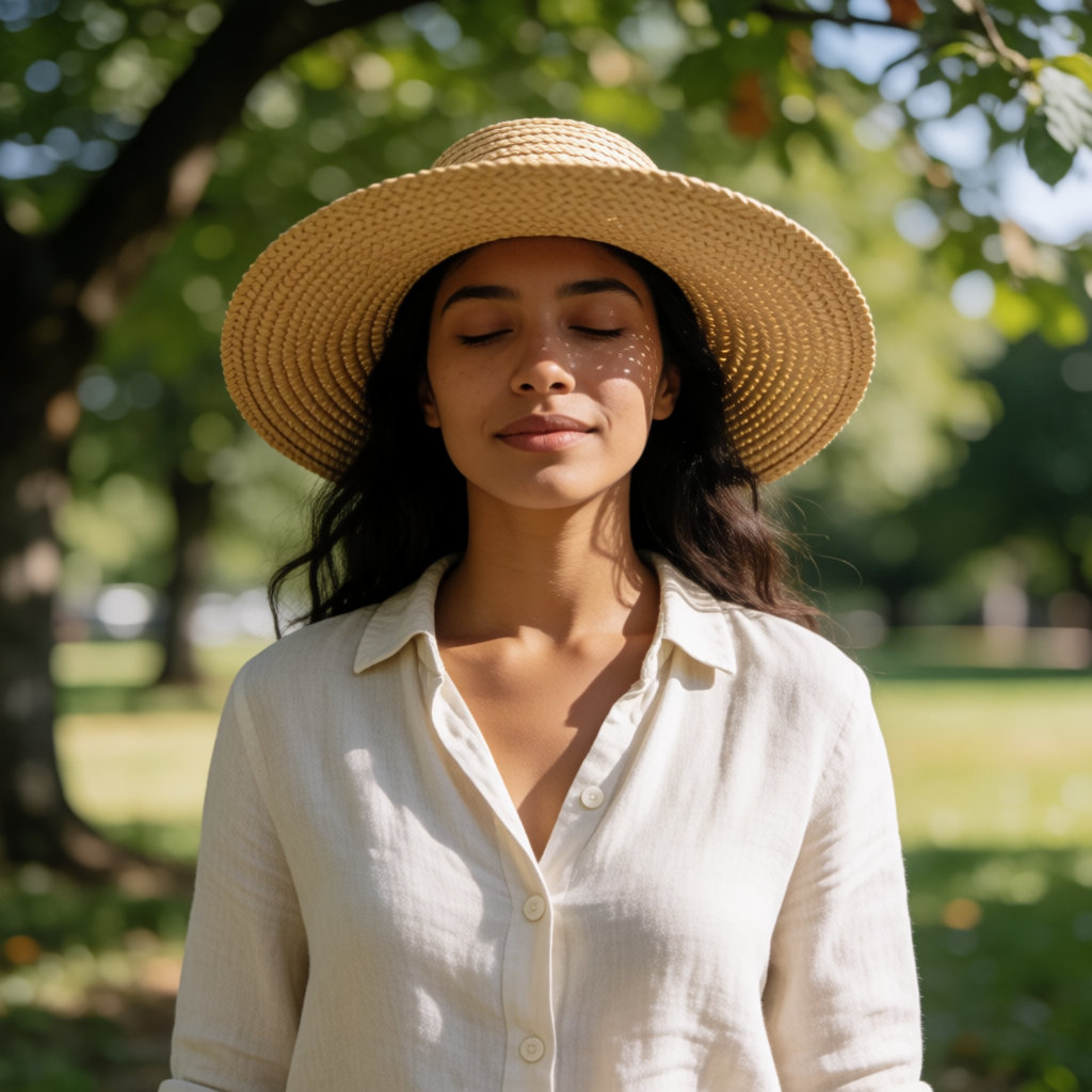 Jeune femme latino-américaine en chapeau et chemise claire, à l'ombre des arbres en été