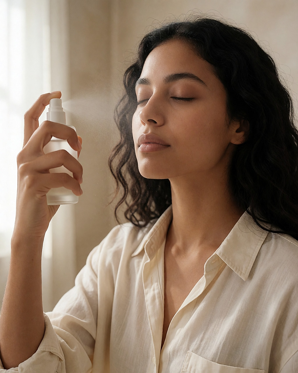 Jeune femme fermant les yeux sous un voile d'eau thermale pulvérisé sur son maquillage