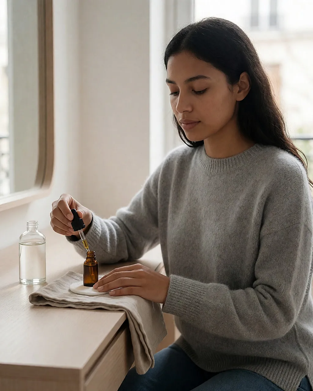 Mujer joven masajeando un aceite vegetal sobre sus uñas frente a un frasco de agua floral de aciano