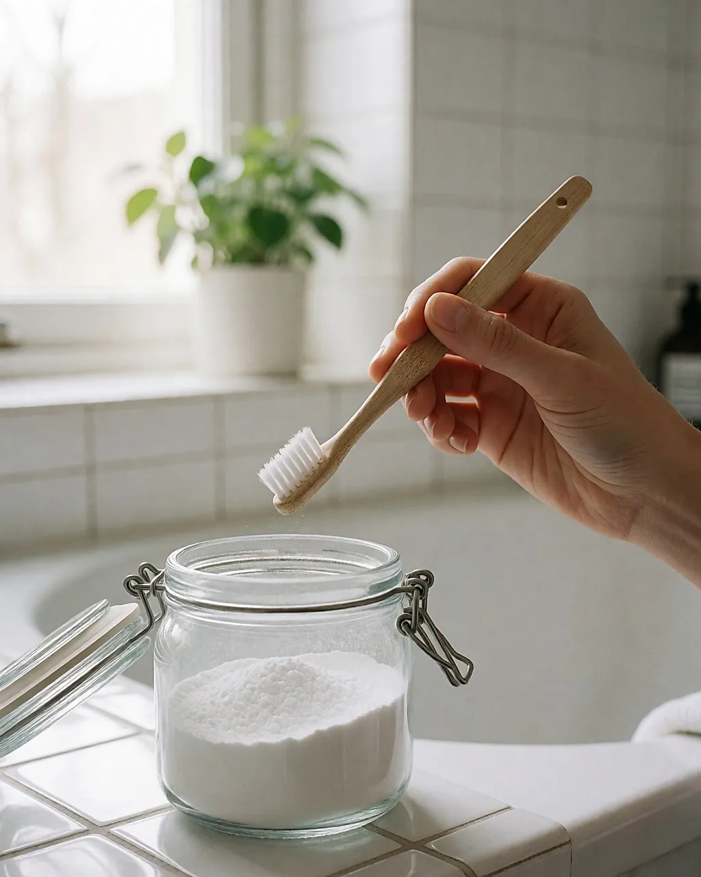 A wet toothbrush held above a glass jar of bicarbonate of soda in a bright bathroom