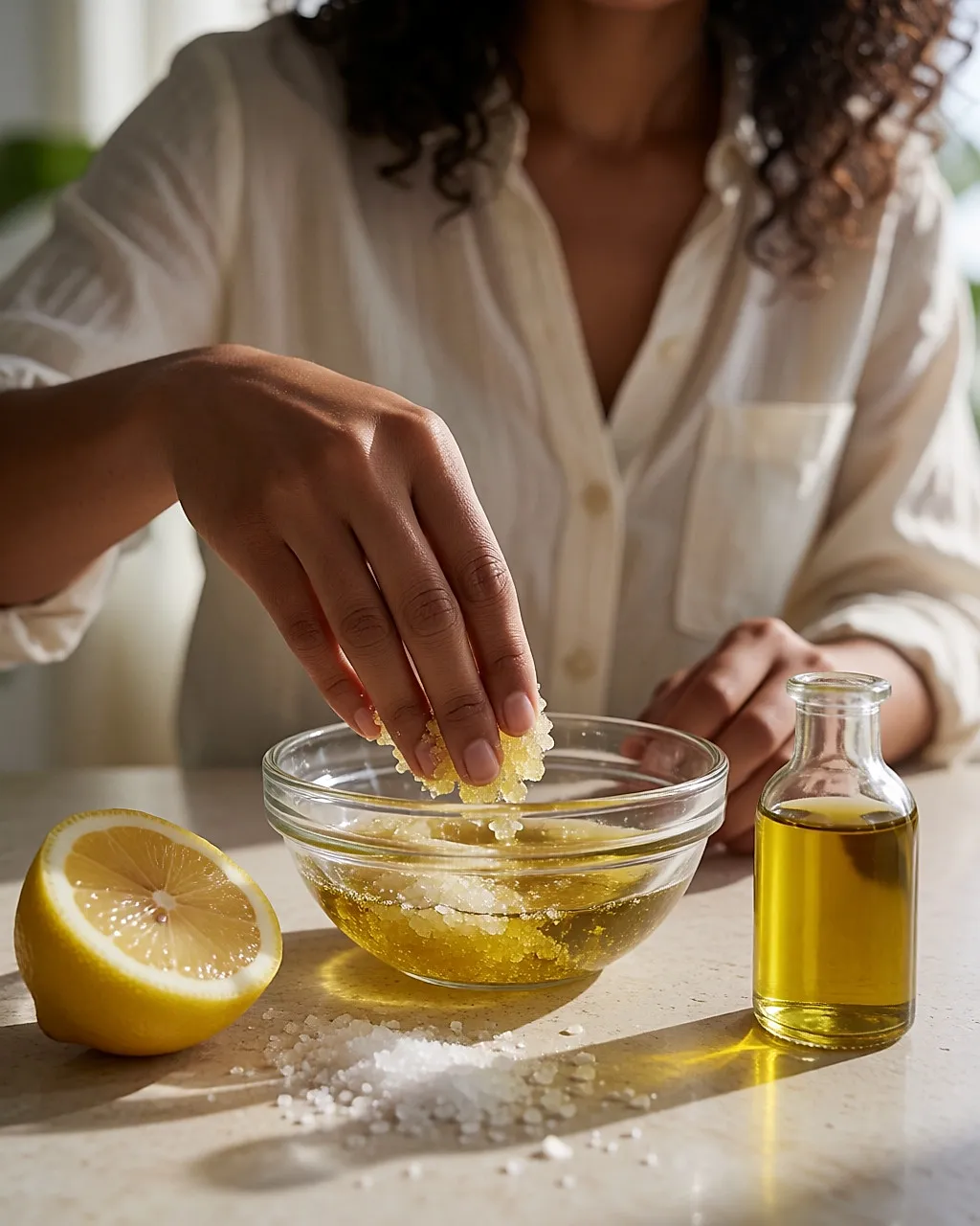 A hand mixing coarse salt, olive oil and lemon in a glass bowl