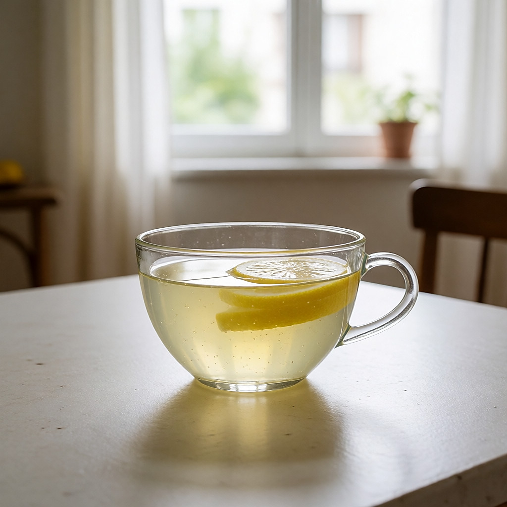 Fingertips at the edge of a bowl of warm lemon water with sweet almond oil nearby