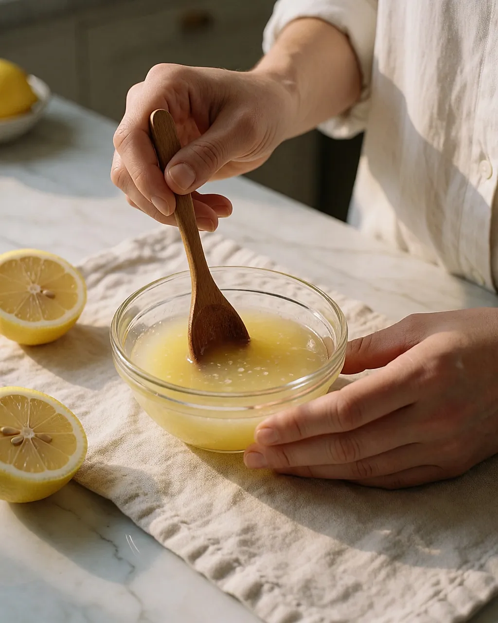 A hand mixing honey and lemon juice in a small glass bowl on a marble worktop