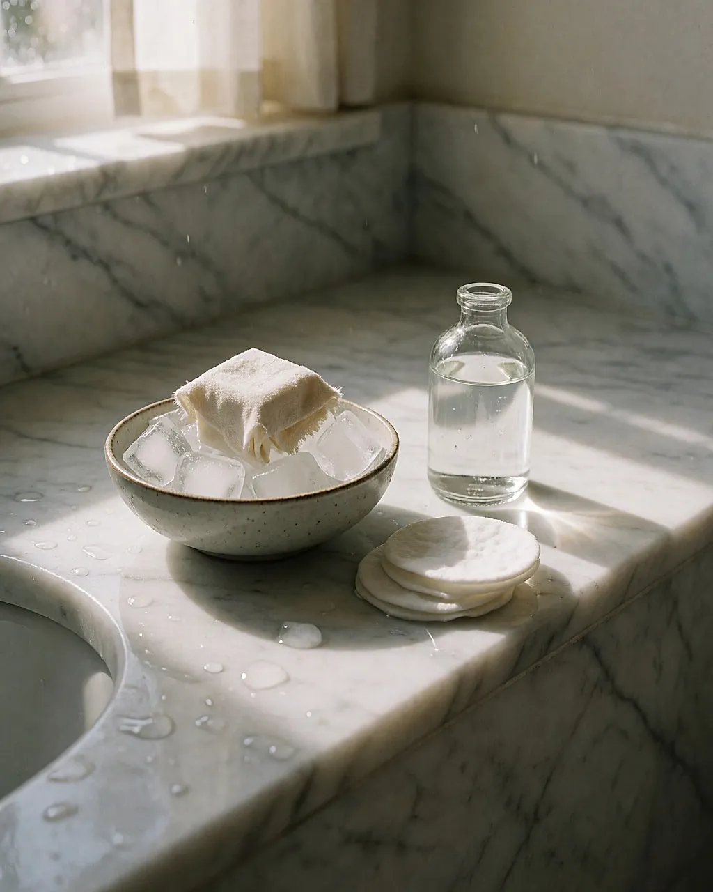 A bowl of ice cubes, a thin cloth, a bottle of cornflower water and cotton pads on a marble ledge