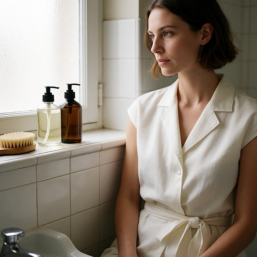 Two cans of dry shampoo on a bathroom shelf with a wooden hairbrush
