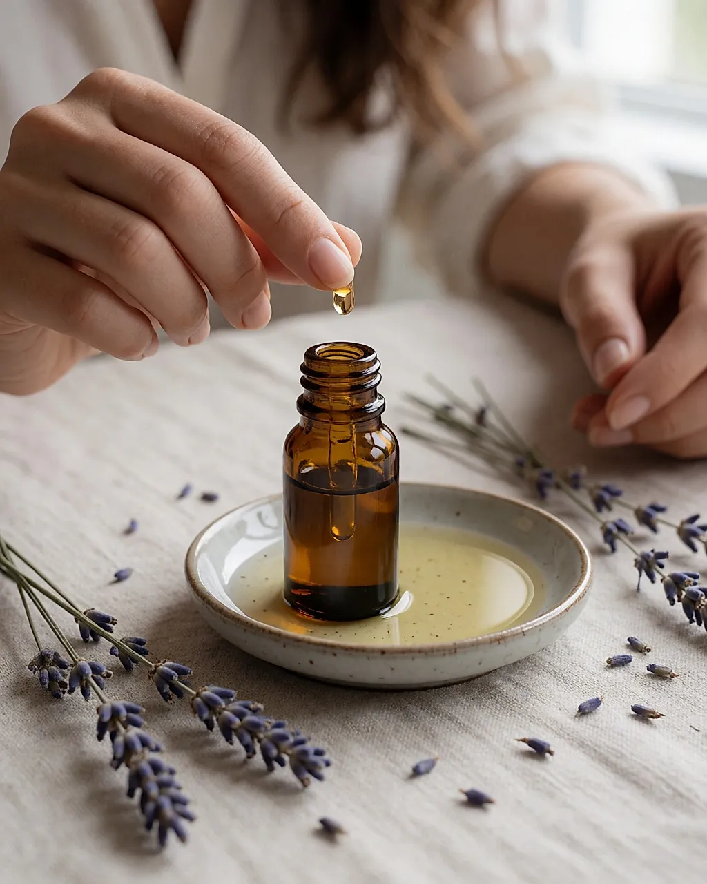 An amber glass essential oil bottle, a drop on a finger and sprigs of dried lavender