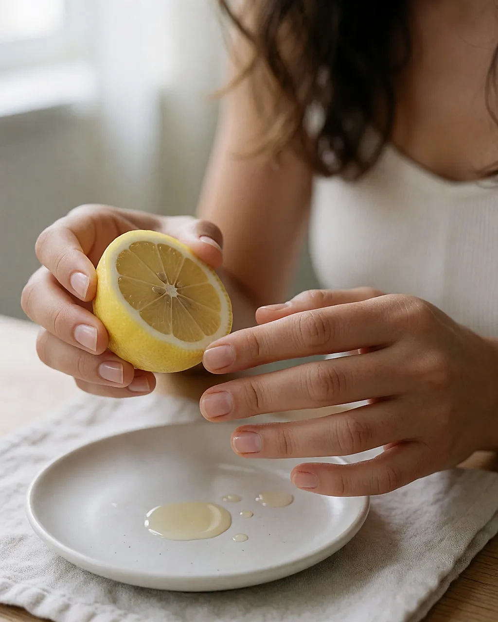 Hands rubbing the cut surface of a lemon over fingernails, with a few drops on a saucer