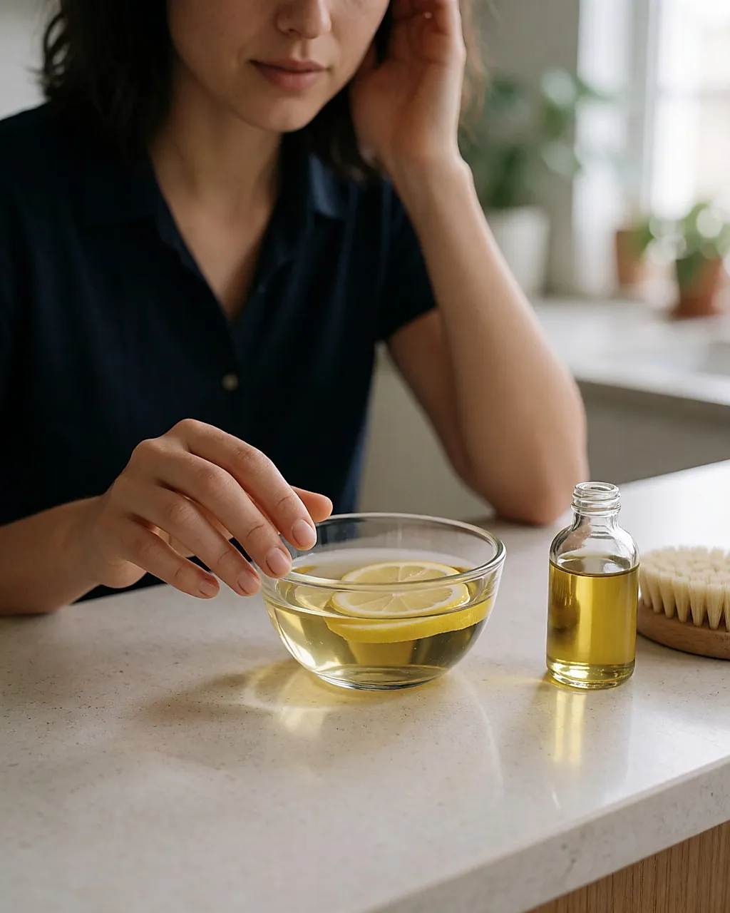 Fingertips resting on the edge of a bowl of warm lemon water beside sweet almond oil