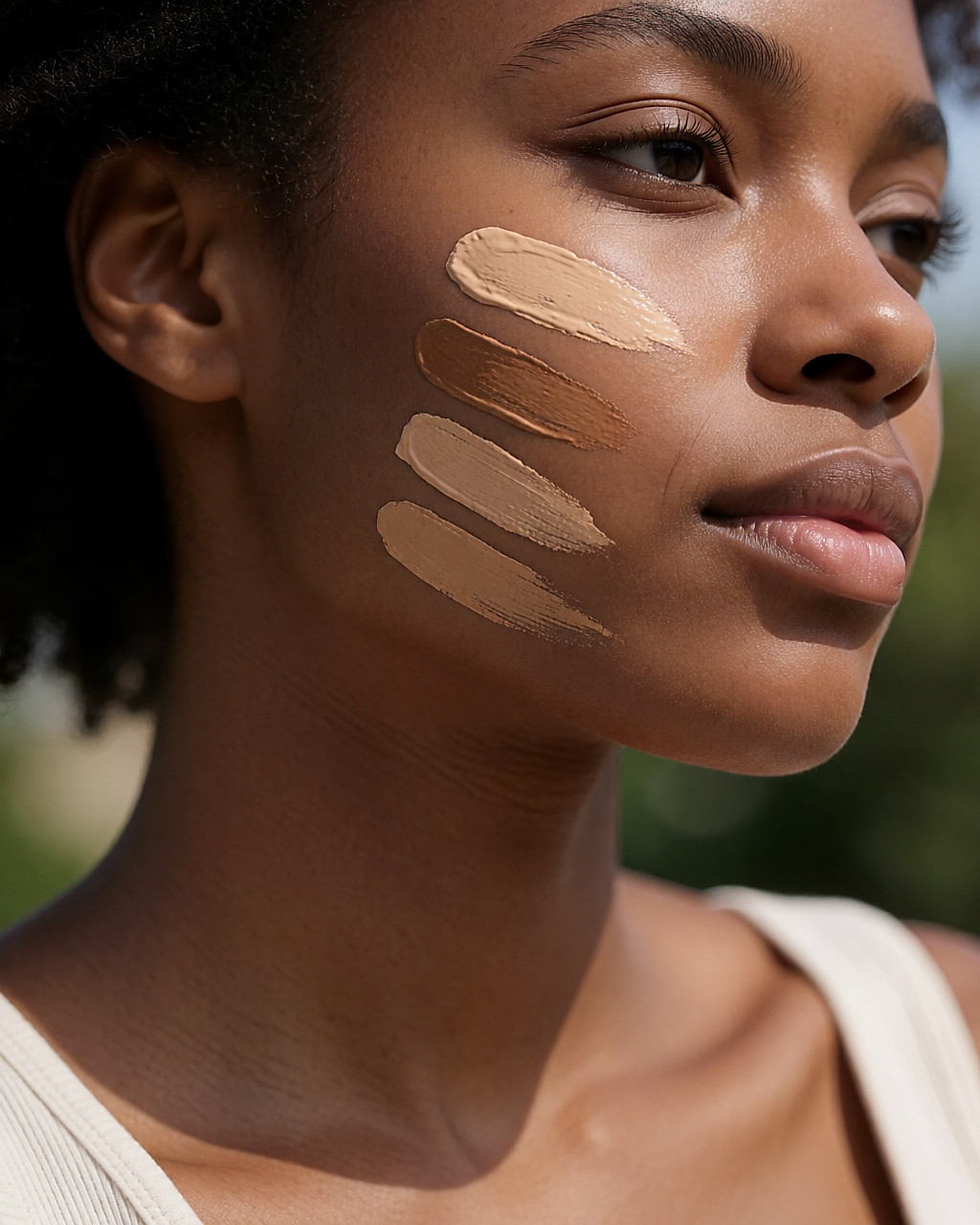 Three foundation shades swiped along the jawline, blended with a fingertip