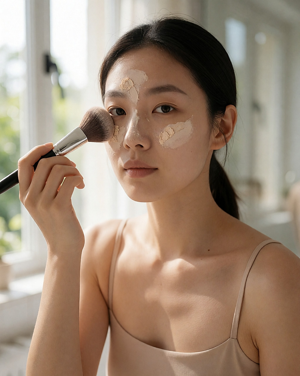 Young woman powdering her T-zone with a large brush in a bright bathroom