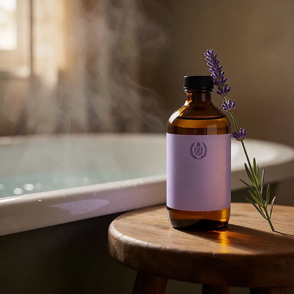 Flacon d'huile de bain à la lavande posé sur un tabouret près de la baignoire