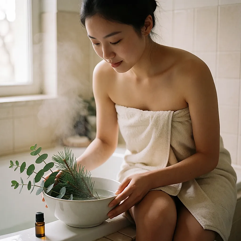 Bol d'eau chaude fumante, eucalyptus et pin pour dégager le nez
