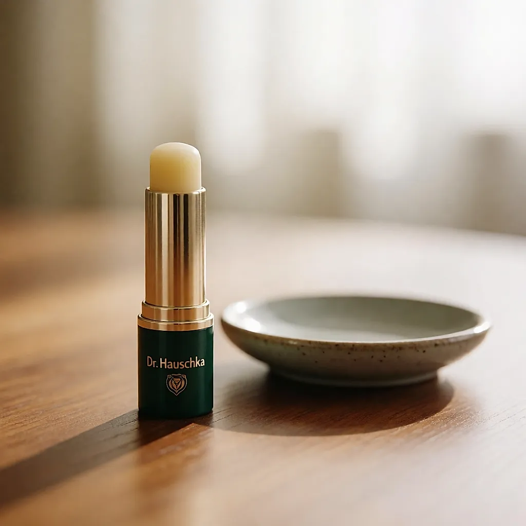 A green and gold Dr. Hauschka lip balm stick on a wooden table