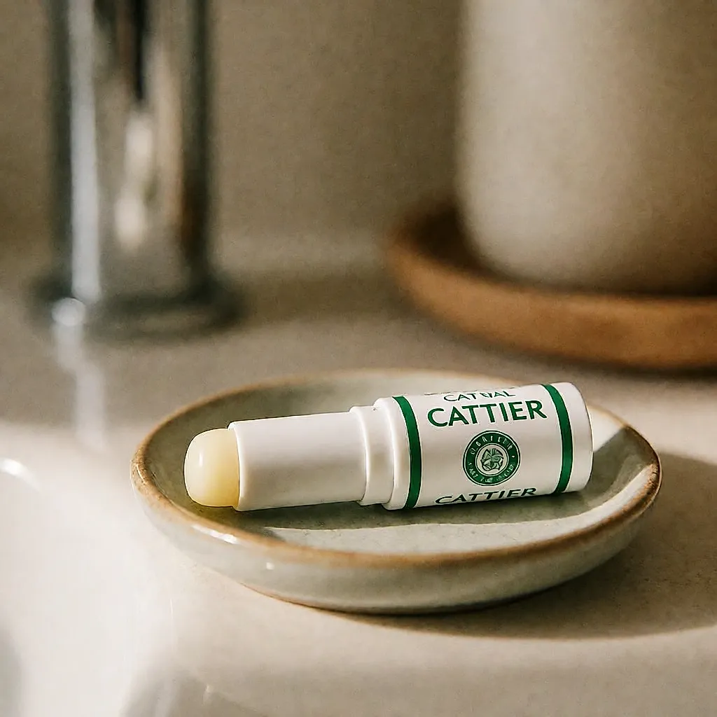 The Cattier organic stick open, the texture of the balm visible on a small dish
