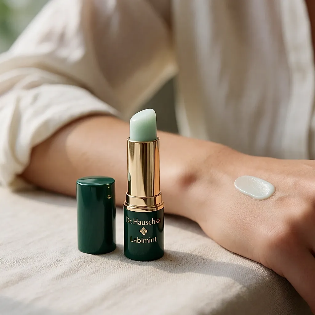 An open tube of Dr. Hauschka Labimint with a dab of balm on the back of a hand