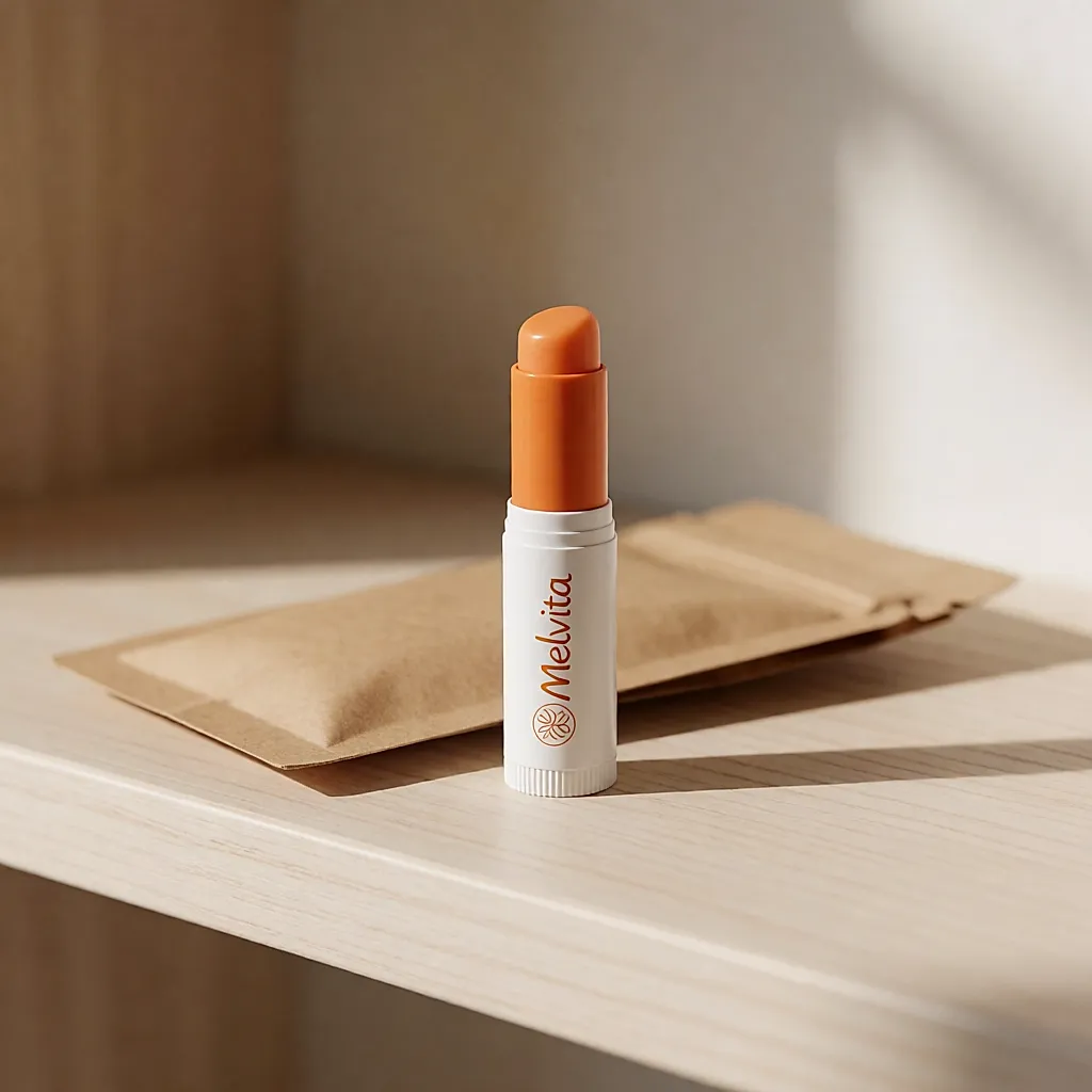 Melvita's white and orange organic lip stick on a pale shelf