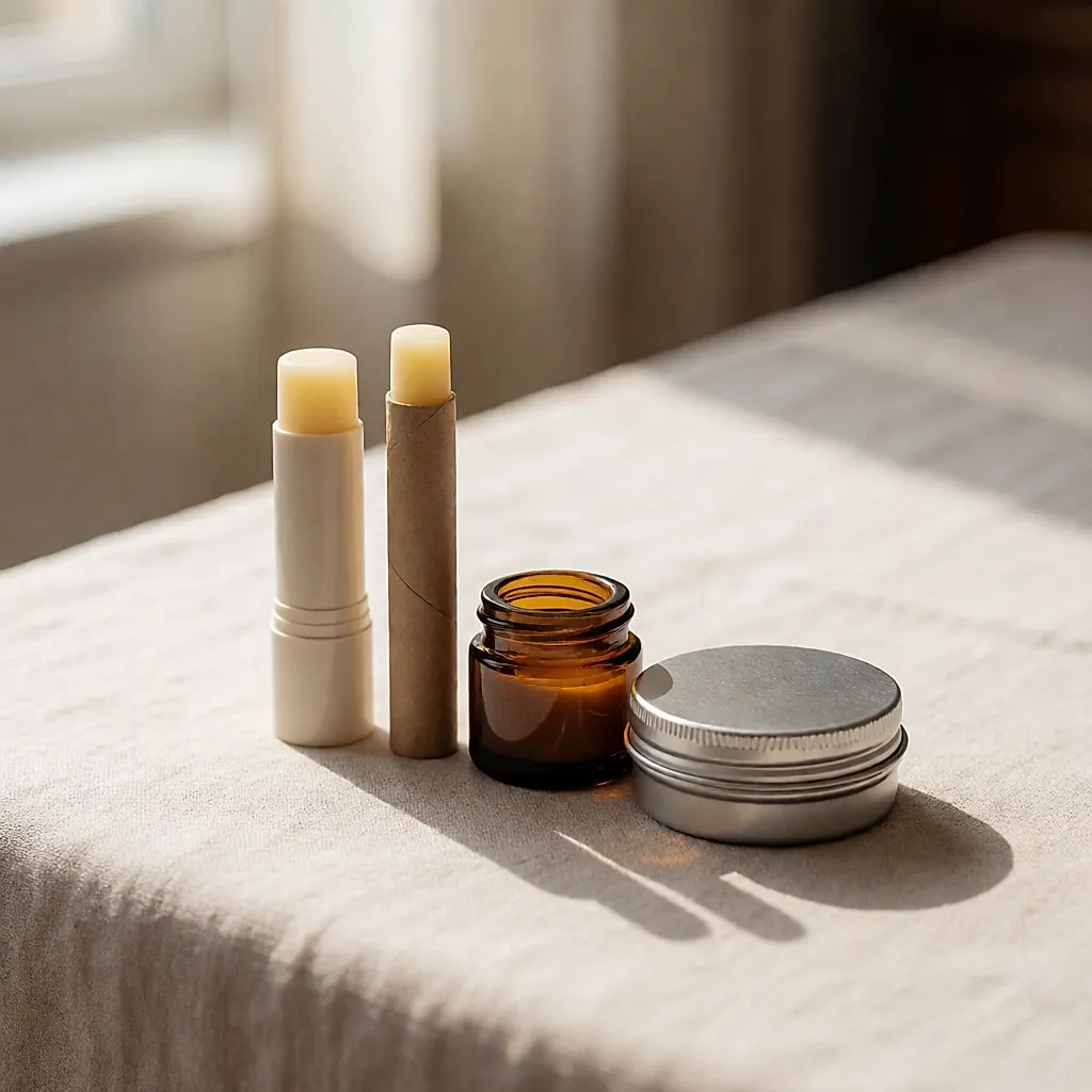 Three organic lip balms in different formats lined up on a table