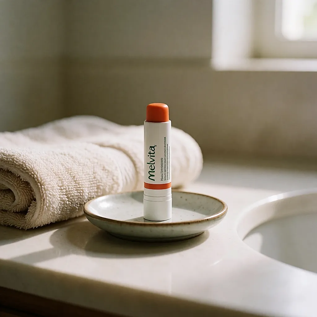 Melvita's white and orange organic lip stick resting on a small dish