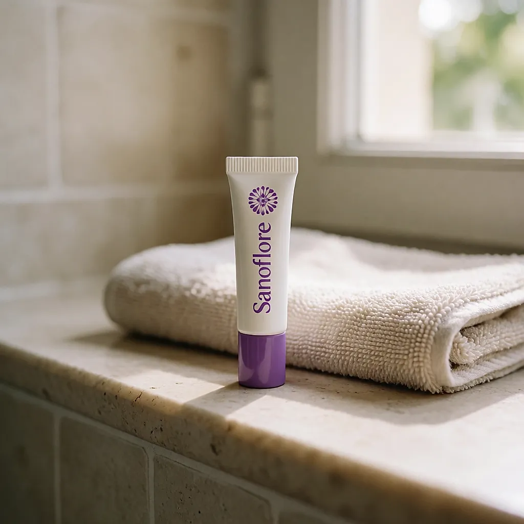 A tube of Sanoflore organic lip balm on a bathroom shelf