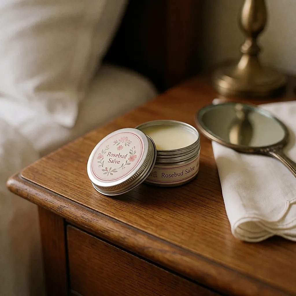Petite boîte ronde vintage de baume Rosebud Salve ouverte sur une table de chevet