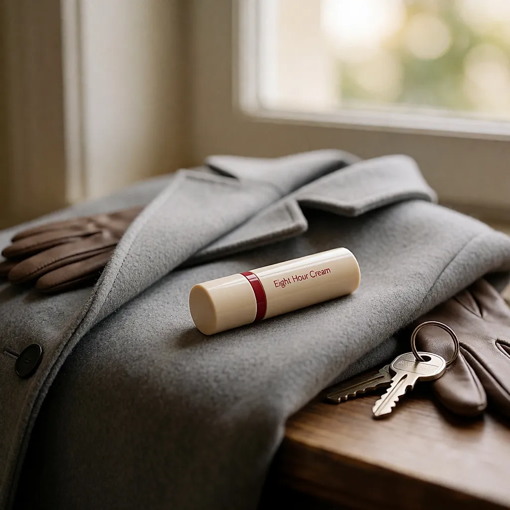Stick Eight Hour Cream posé sur un manteau de laine grise, à côté de gants