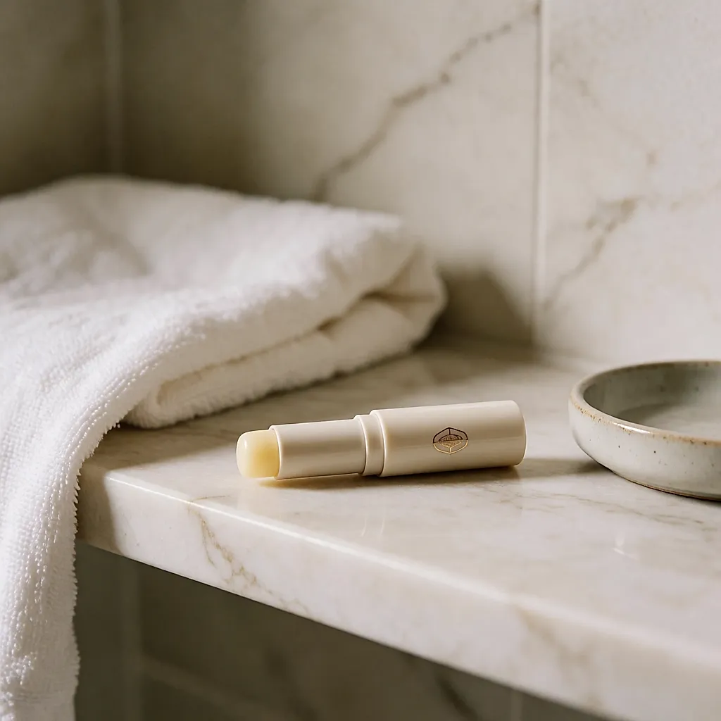 Le stick Eight Hour Cream d'Elizabeth Arden posé sur une étagère en marbre clair