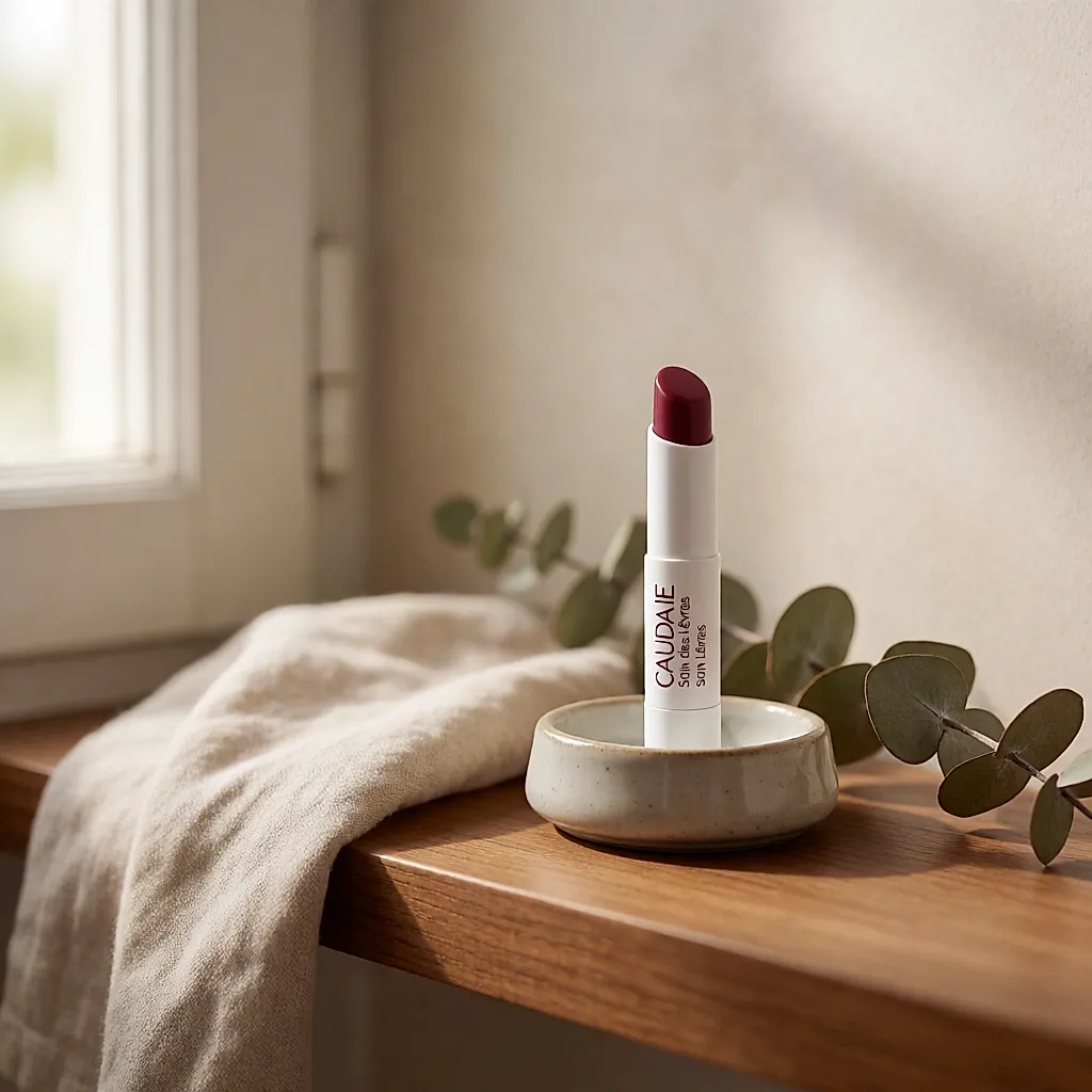 Le stick Soin des Lèvres de Caudalie dressé dans un petit pot en céramique