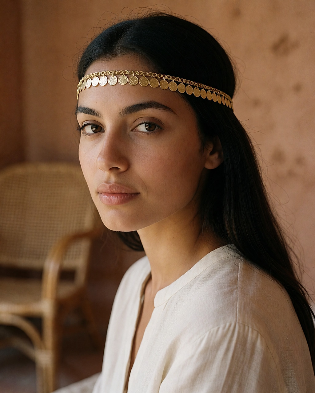 Bandeau fin garni de piécettes dorées posé sur cheveux longs et lisses