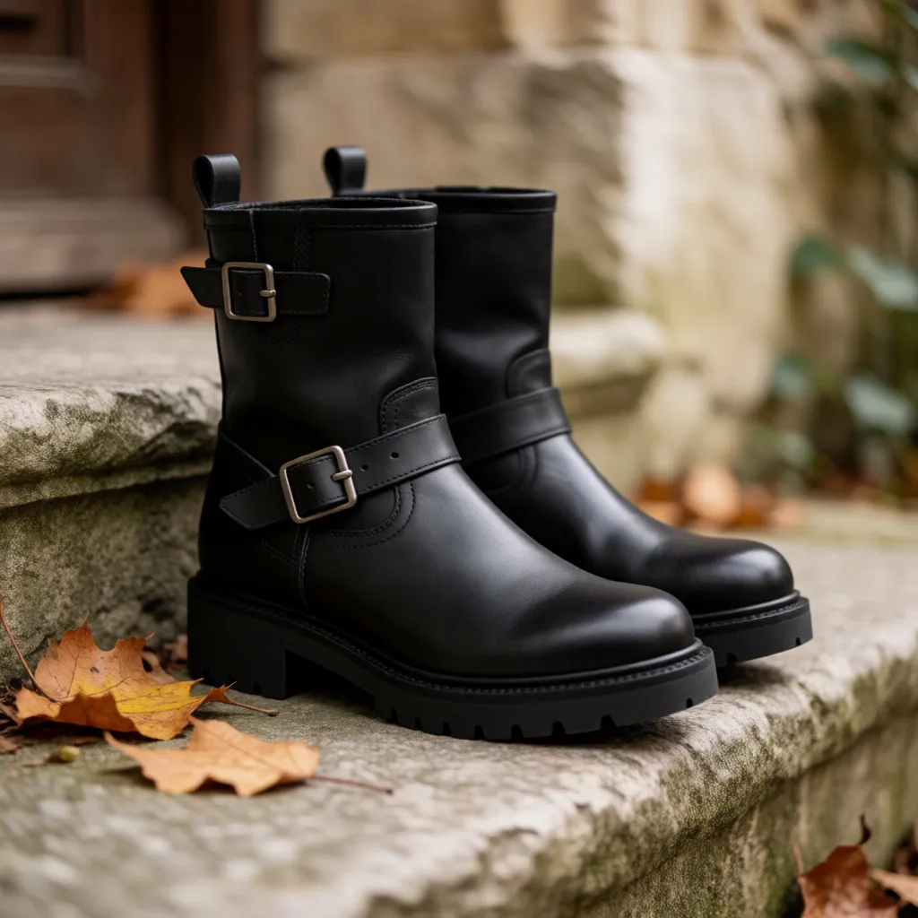 Schwarze Bikerboots mit Schnallen und Profilsohle auf einer Steinstufe