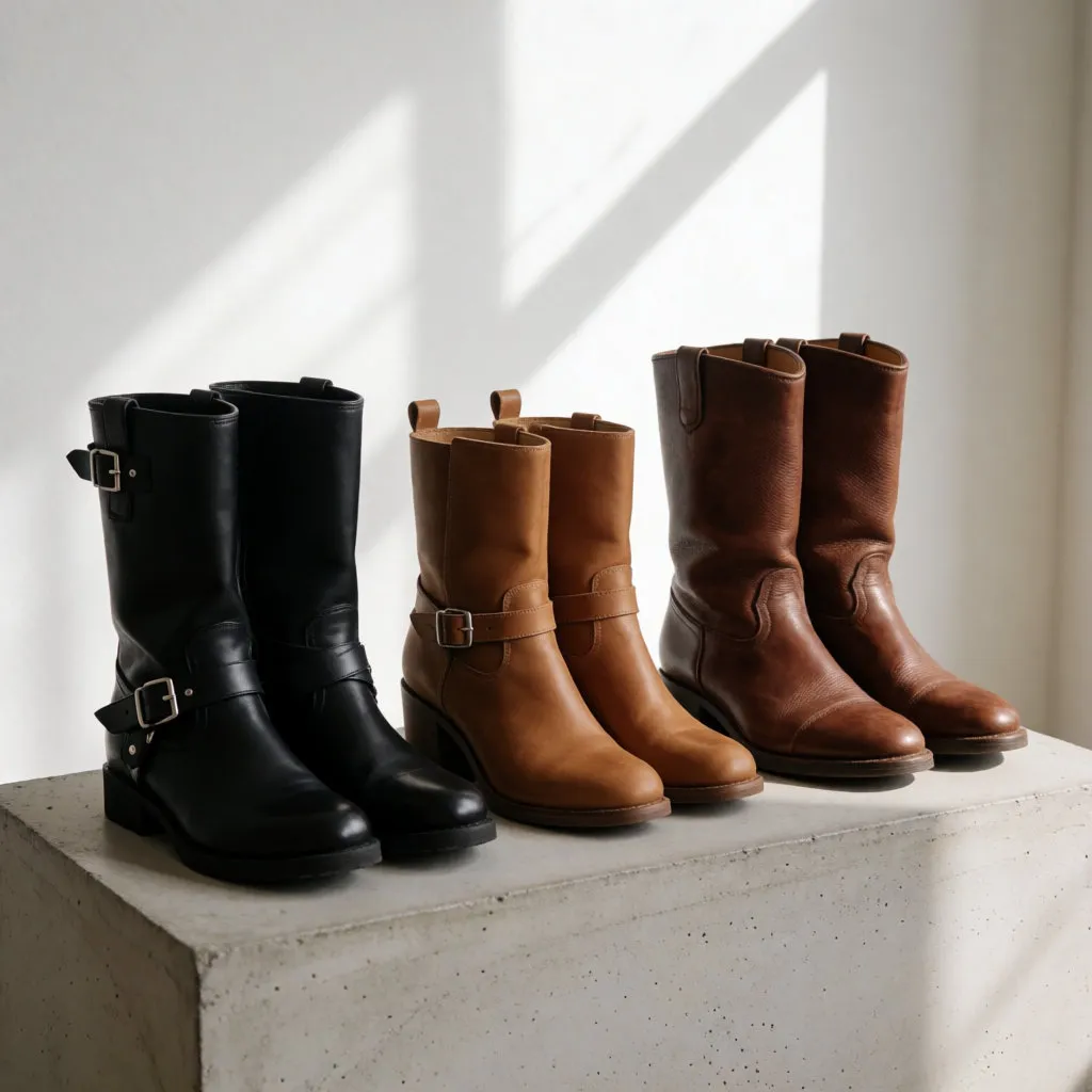 Trois paires de boots motardes aux styles biker, citadin et vintage alignées sur un socle