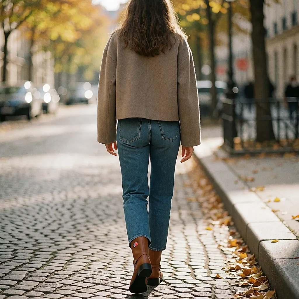 Camel grained-leather Hilfiger Denim biker boots worn on a cobbled street