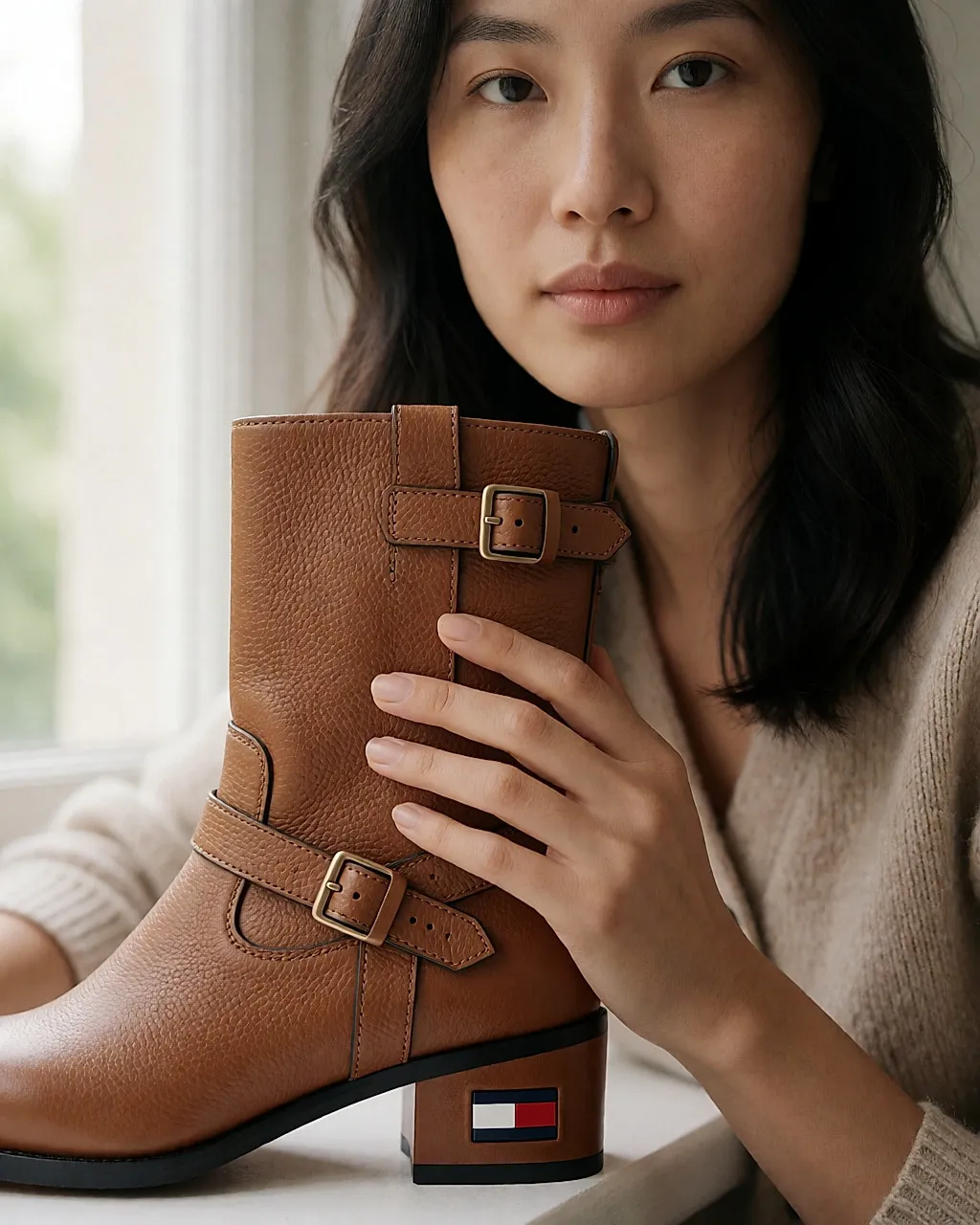 Détail des sangles et de l'emblème drapeau sur une boots camel