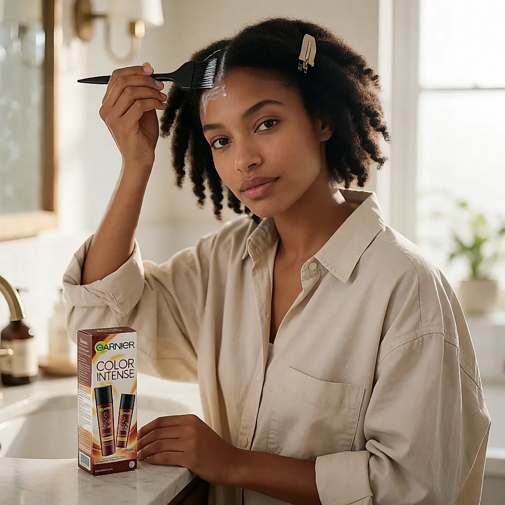 Une femme applique une coloration Garnier à ses racines avec un pinceau
