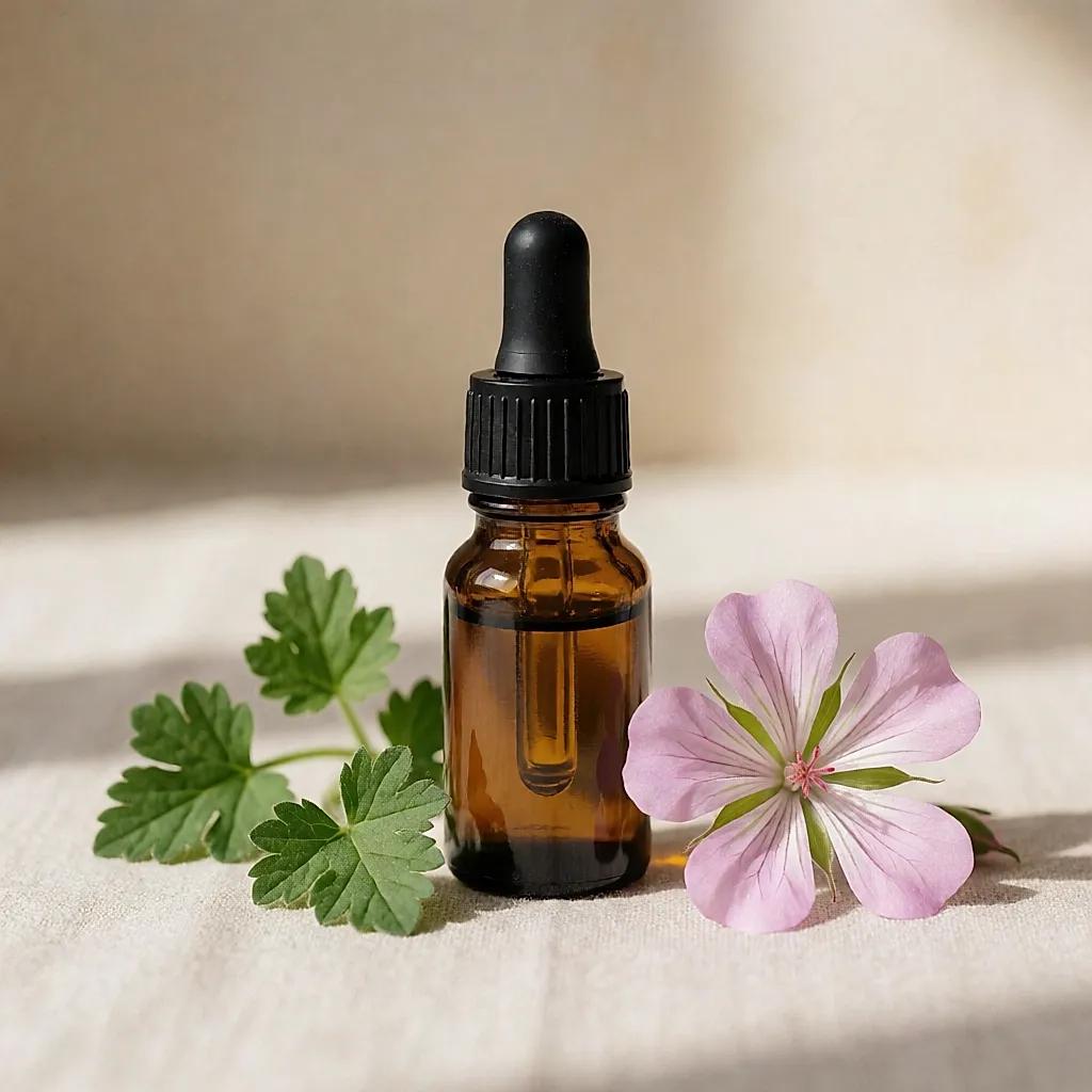 A small bottle of rose geranium essential oil next to fresh leaves