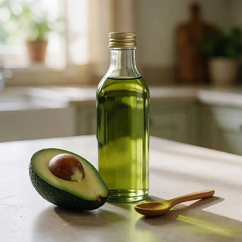 A bottle of avocado oil beside half an avocado