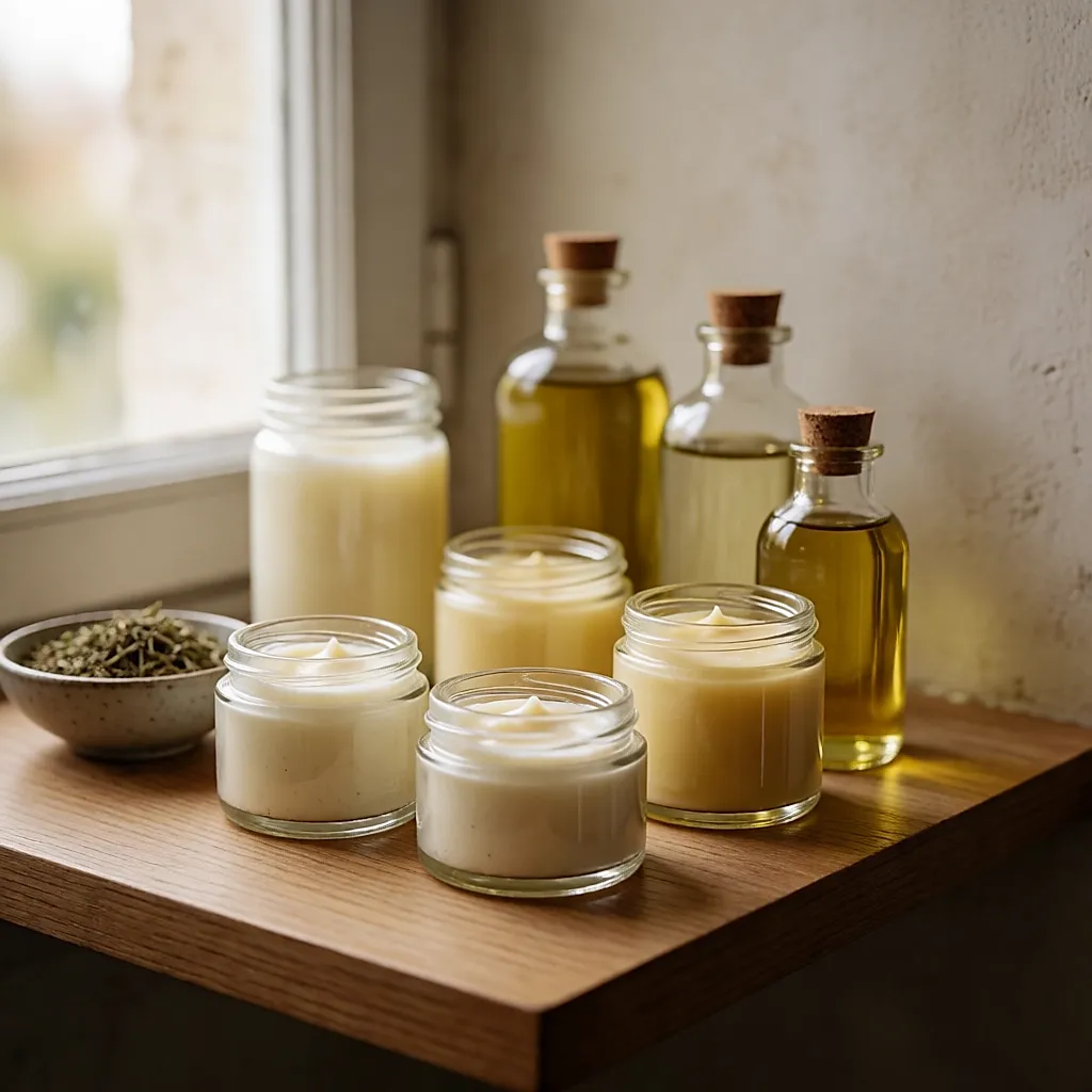Glass jars of homemade natural cosmetics on a wooden shelf