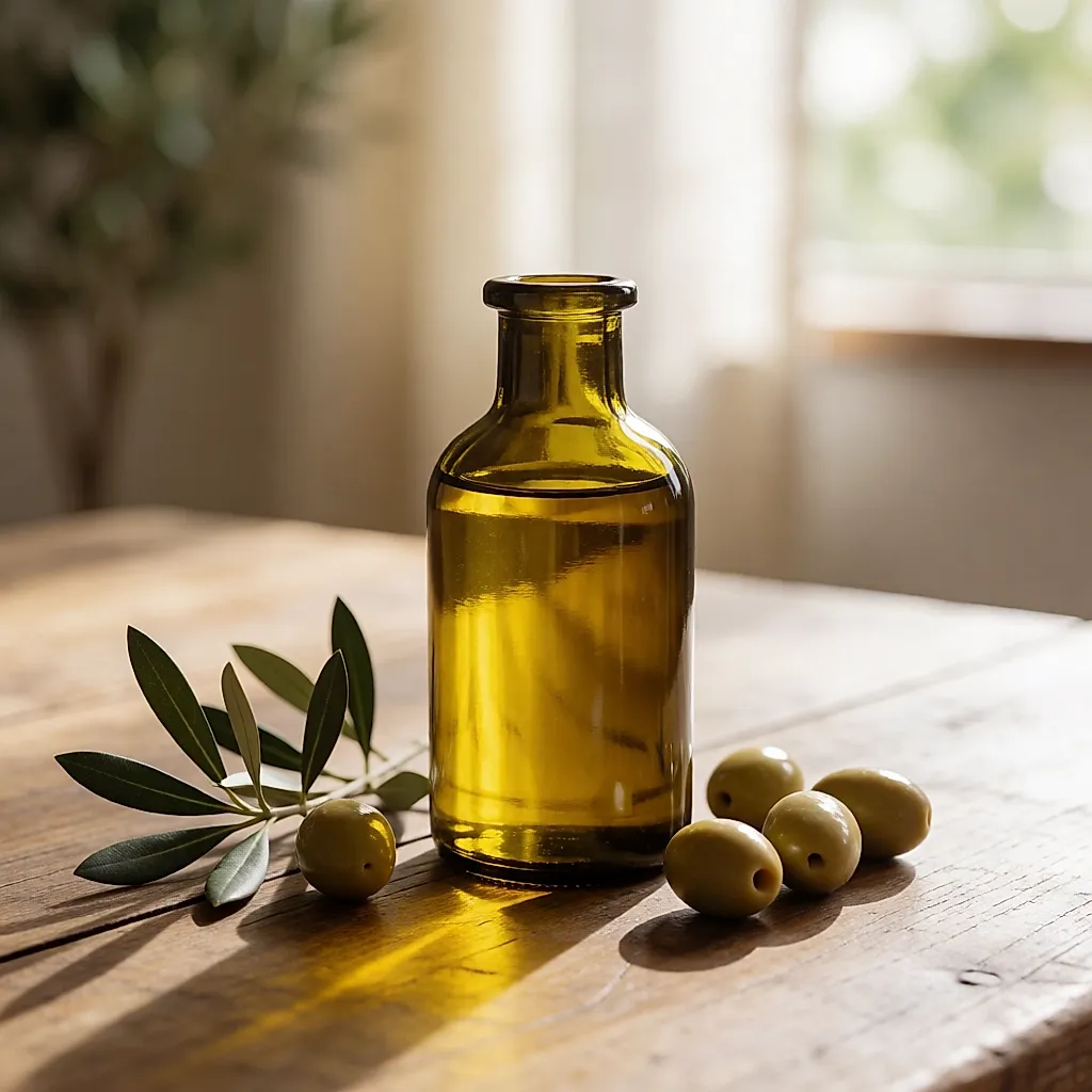 A bottle of golden olive oil with a few olives and a branch