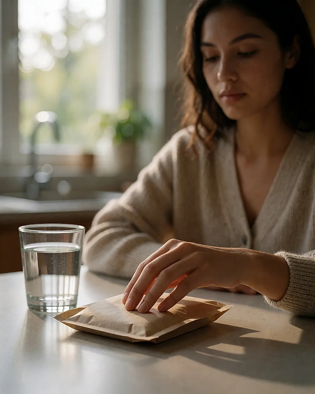 Main refermant un paquet de biscuits sur une table, verre d'eau à côté