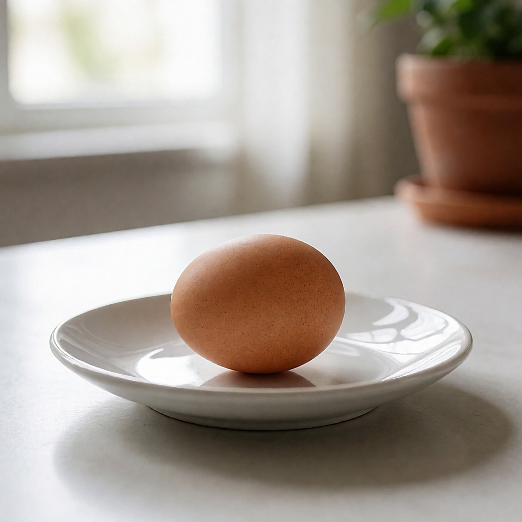 Œuf dur coupé en deux sur une petite assiette, près d'un œuf entier