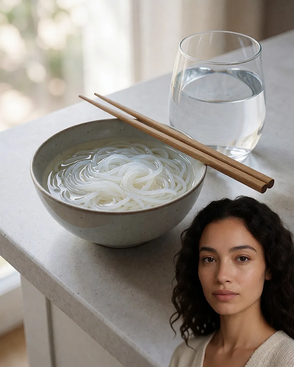 Bol de pâtes de konjac translucides dans l'eau, baguettes posées sur le bord