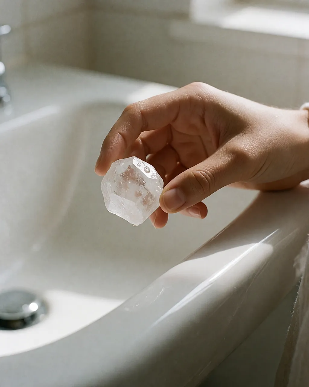 Transparenter Alaunstein zwischen den Fingern über einem weißen Waschbecken
